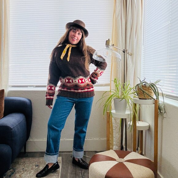 Vintage 90s Brown Wool Cashmere Cowichan Southwestern Aztec Sweater S/M Petite - Picture 13 of 13